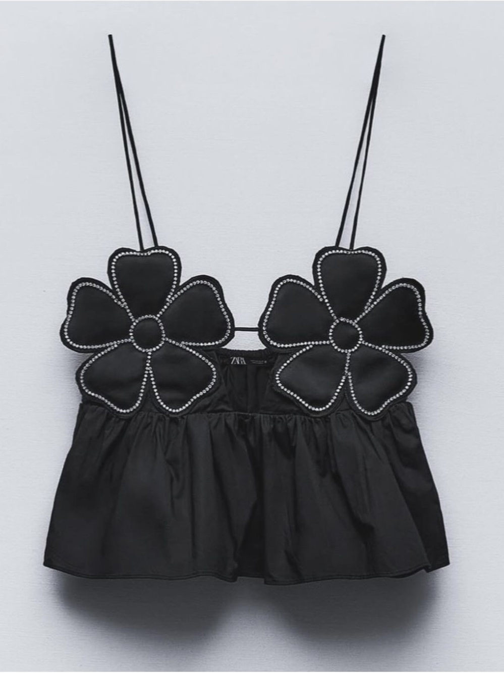Zara Black Rhinestone Floral Appliqué Tie Back Peplum Cami Top NWT Size S